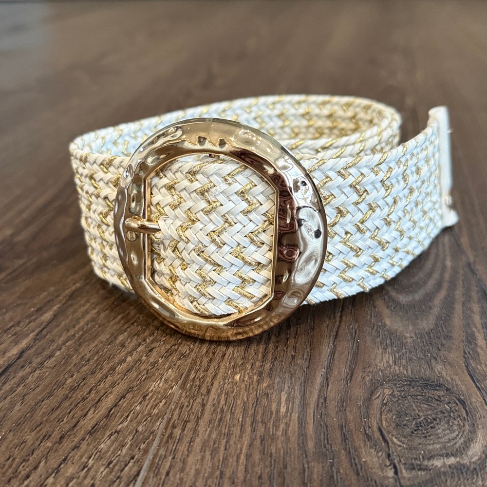 H by Halston White & Gold Braided Belt with Round Gold Buckle NWOT